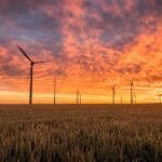 windmills, fields, sunset, clouds, sky, cloudsscape, dusk, twilight, wind turbines, renewable energy, horizon, nature, wind power, wind energy, alternative energy, green energy, field, sunrise