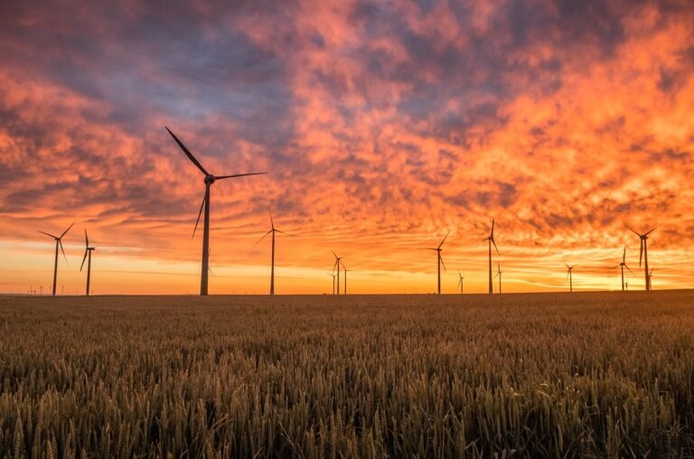 windmills, fields, sunset, clouds, sky, cloudsscape, dusk, twilight, wind turbines, renewable energy, horizon, nature, wind power, wind energy, alternative energy, green energy, field, sunrise